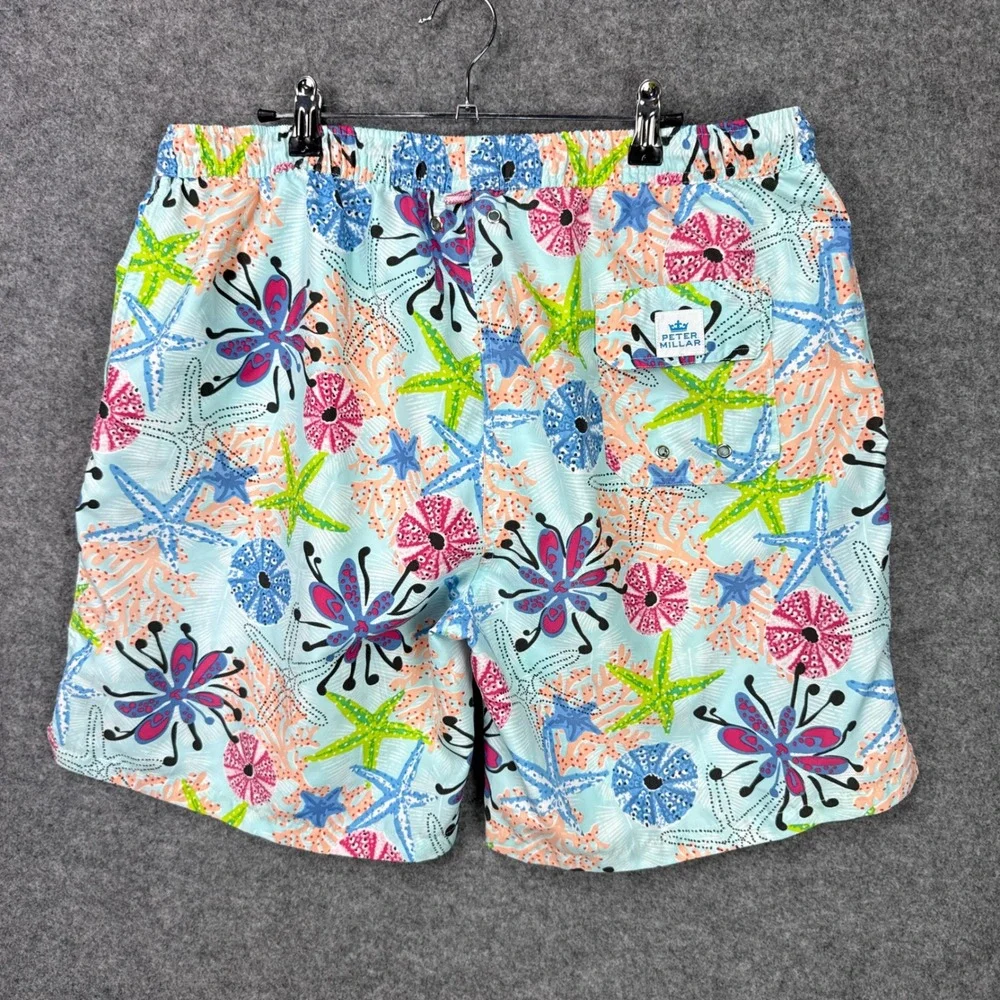 Peter Millar Swim Trunks XL Blue Starfish Coral Print Mesh Lined Board Shorts